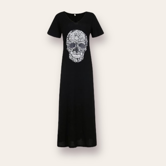 NEW T-Shirt Punk Skull Printed Short Sleeve Split Maxi Dress Dark Heather Gray - Picture 2 of 6
